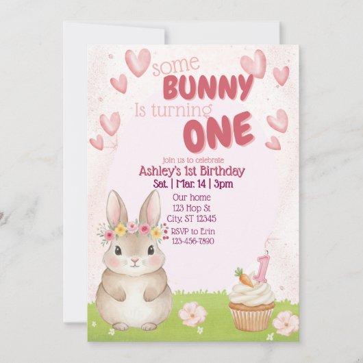 Some Bunny First Birthday, Pink Invitation Einladung (Vorderseite)