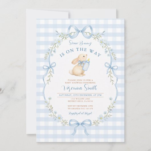 Some Bunny Is On the Way with Blue Bows Einladung (Vorderseite)