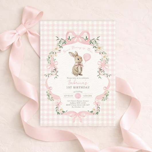 Some Bunny is One Pink Bow Gingham 1st Birthday Einladung