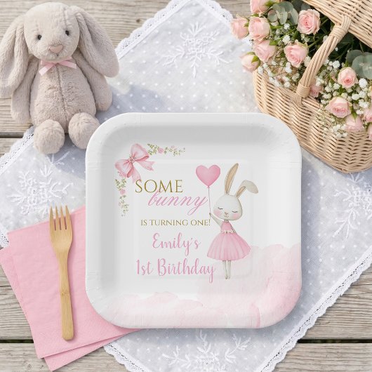 Some Bunny is Turning One 1st Birthday, Pink Bow Pappteller