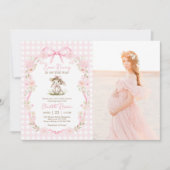 Some Bunny Pink Bow Gingham Baby Shower Foto Einladung (Vorderseite)