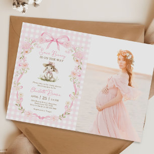 Some Bunny Pink Bow Gingham Baby Shower Foto Einladung