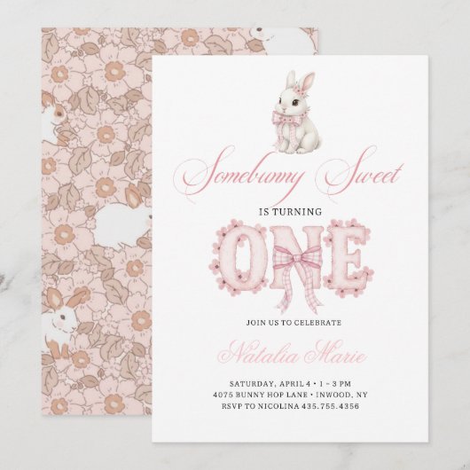 Somebunny Sweet 1st Birthday Spring Floral Invitat Einladung (Vorne/Hinten)