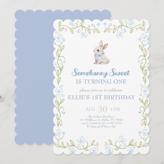 Somebunny Sweet Bunny 1st Birthday Spring Floral I Einladung (Vorne/Hinten)