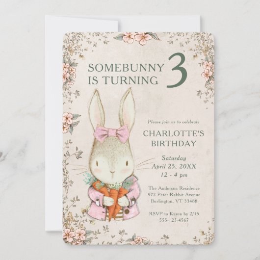 Somebunny wird drei 3. Geburtstagseinladung Einladung (Vorderseite)