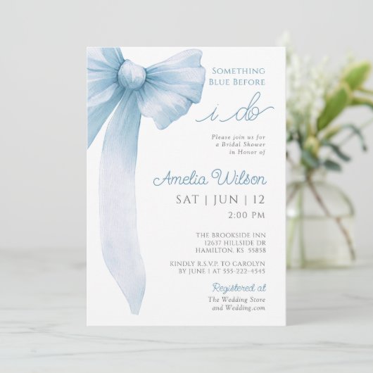 Something Blue Before I Do Bow Bridal Shower Einladung (Stehend Vorderseite)