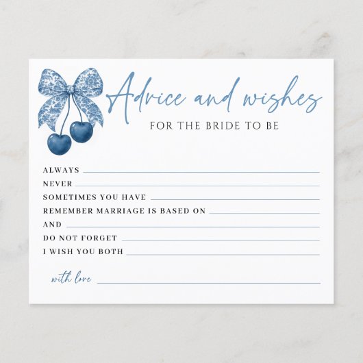 Something Blue Bow Bridal Shower Advice Card (Vorderseite)