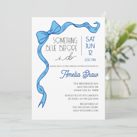 Something Blue Bow Bridal Shower Invitation Einladung (Stehend Vorderseite)