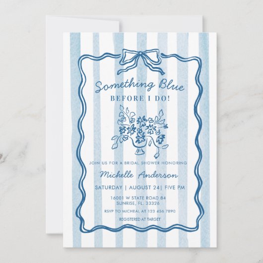 Something Blue Bow Stripe Bridal Shower Invitation Einladung (Vorderseite)