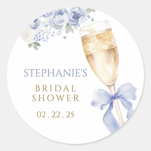 Something Blue Florals Bow Champagne Glass Runder Aufkleber (Vorderseite)