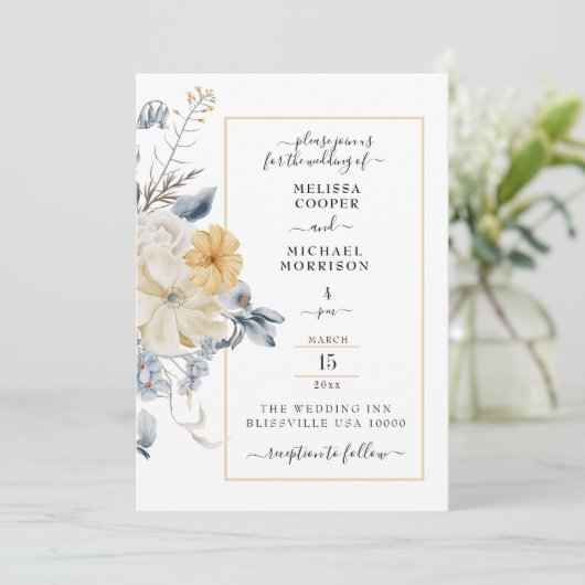 SOMETHING BLUE, PASTEL FLORAL ON WHITE WEDDING EINLADUNG (Stehend Vorderseite)