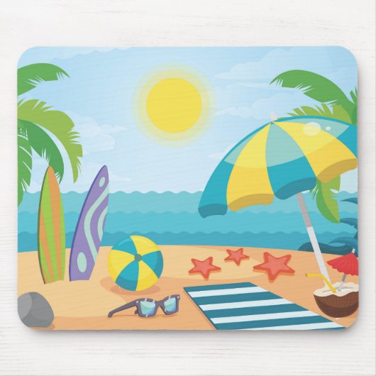 Sommer am Strand mit Surfboards und Palmen Mousepad (Vorne)