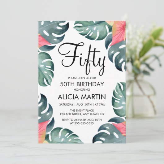 Sommer Anthurium & Monstera Grüne Geburtstag Einladung (Stehend Vorderseite)