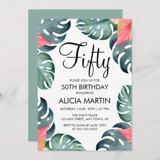 Sommer Anthurium & Monstera Grüne Geburtstag Einladung (Vorne/Hinten)