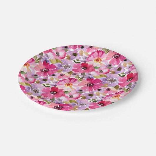 Sommer-Aquarell-Blumenmuster Pappteller (Schrägansicht)