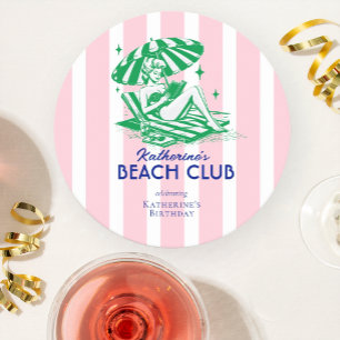 Sommer Beach Club Rosa Streifen Geburtstagsfeier Runder Pappuntersetzer