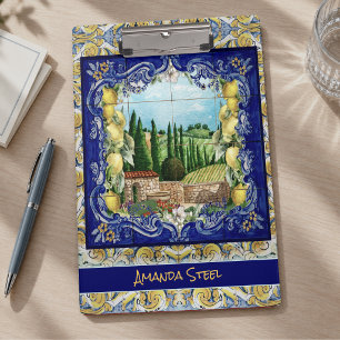 Sommer Blau Italienische Majolika Zitrus Monogramm Klemmbrett