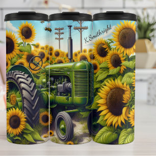 Sommer des Sonnenblumen Feld Grüner Traktor Thermosbecher