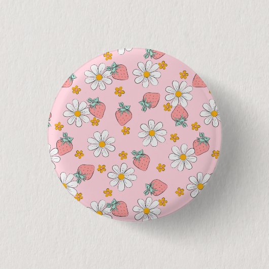 Sommer-Erdbeer-Gänseblümchen-Muster Button (Vorderseite)