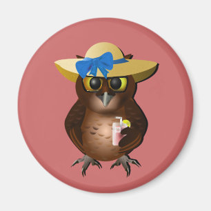 Sommer-Eule mit Hut u. Getränk Magnet