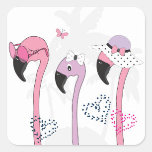 Sommer Flamingo: Strand Vintage Illustration. Quadratischer Aufkleber