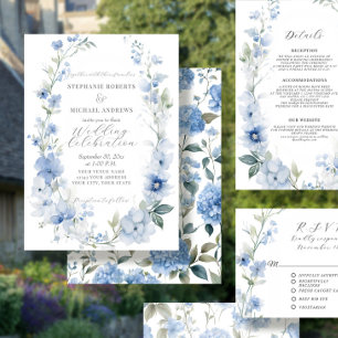 Sommer Flora Elegant Blauer und weiße Hochzeit Einladung