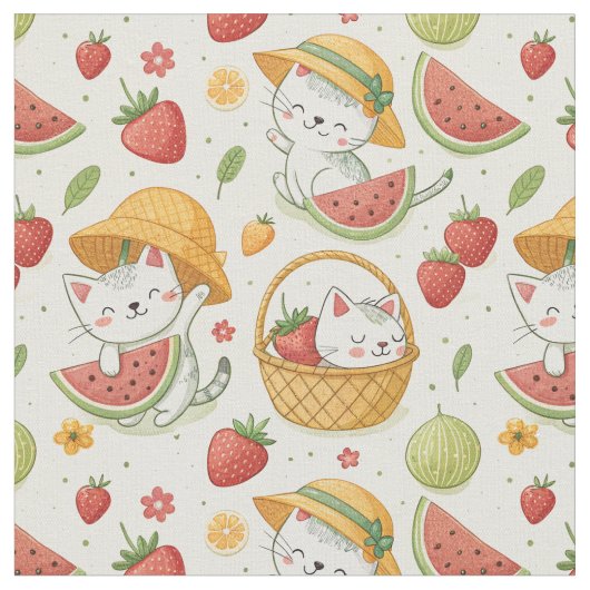 Sommer-Früchte-Katzen-Muster - Picknick-Design für Stoff (Nahaufnahme)