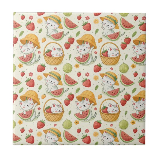 Sommer-Früchte-Katzenmuster - Picknick-Design für  Fliese (Vorderseite)