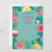 Sommer, Früchte, Palmenblättriger Flamingo Geburts Einladung (Vorderseite)