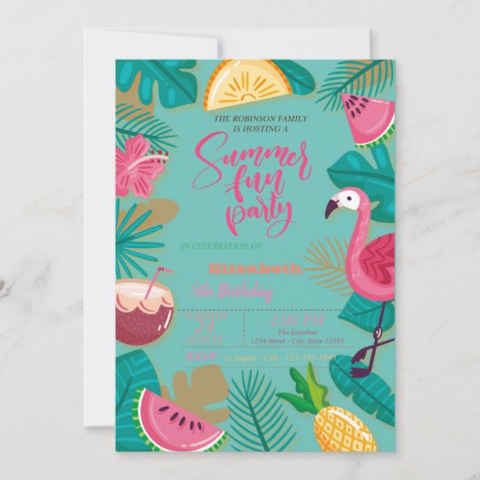 Sommer, Früchte, Palmenblättriger Flamingo Geburts Einladung (Vorderseite)