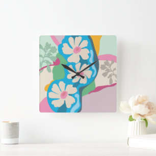 Sommer Gänseblümchen Farbblöcke Moderne Floral  Quadratische Wanduhr