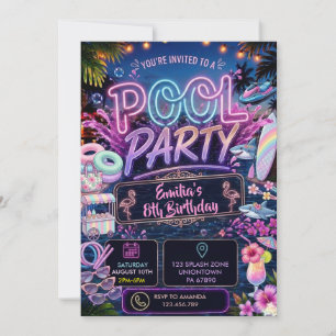 Sommer-Glow-Neon-Poolparty-Mädchen-Geburtstag Einladung