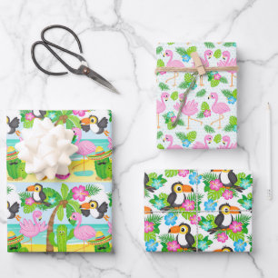Sommer-Hawaii-Tropen-Tukane und Flamingo Geschenkpapier Set