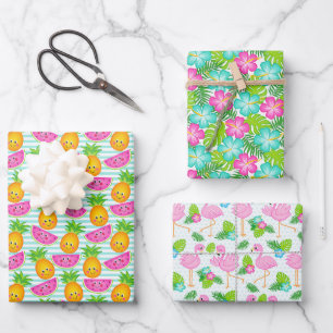 Sommer Hawaii Tropischer Hibiskus, Obst & Vögel Geschenkpapier Set