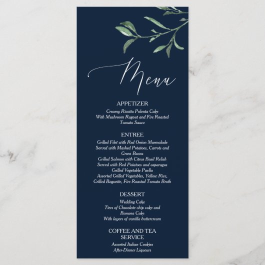 Sommer-Hochzeits-Marine-Blau-Laub-Menü-Karte Menükarte (Vorderseite)