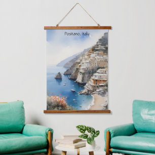 Sommer in Positano Italien Aquarell-Illustration Wandteppich Mit Holzrahmen