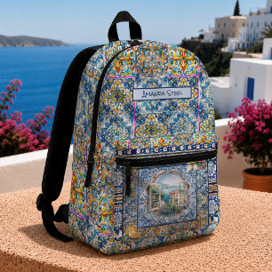 Sommer Italienisch Blau Florales Fliesen Zitrone M Bedruckter Rucksack