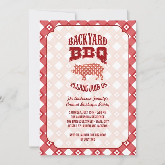 Sommer-kariertes Schwein-Braten-Hinterhof-Grill Einladung (Vorderseite)