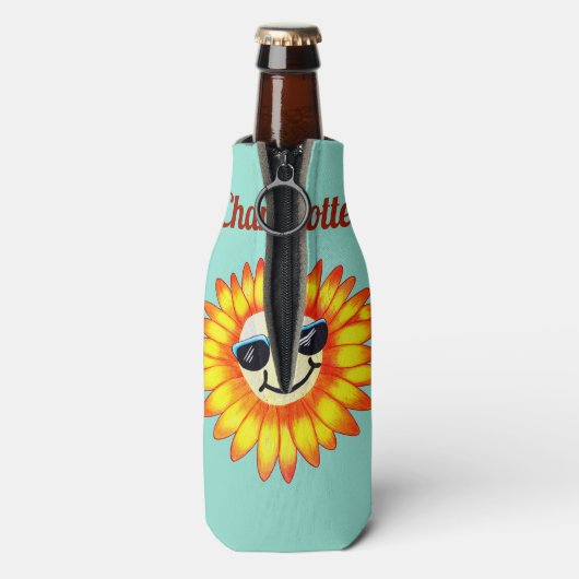 Sommer Lächelnde Sonnenbrille Sonnenblumen & Name Flaschenkühler (Flasche Rückseite)