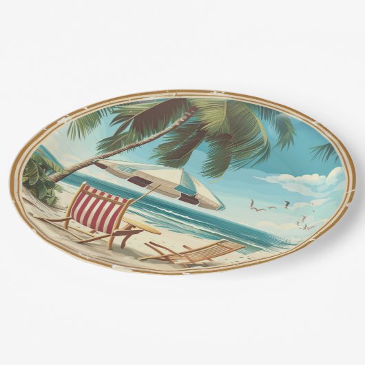 Sommer mit tropischen Sonnenschirmen und Stühlen Pappteller (Schrägansicht)