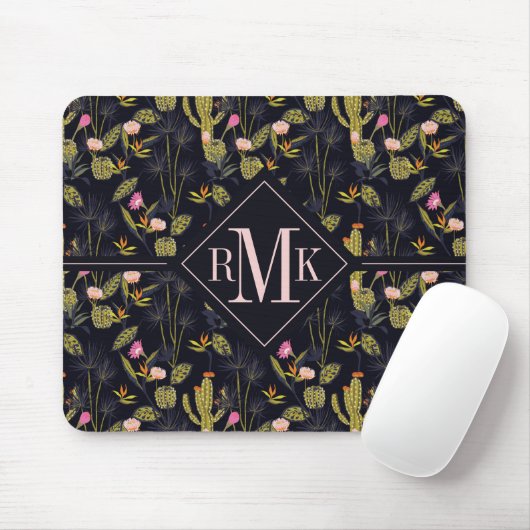 Sommer-Nachtkaktus-Muster des Monogramm-| dunkles Mousepad (Mit Mouse)