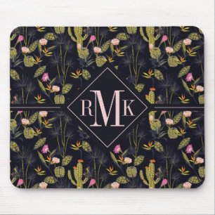 Sommer-Nachtkaktus-Muster des Monogramm-  dunkles Mousepad