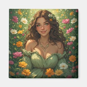 Sommer-Naturgöttin Nymphe im grünen Gewand Blumen Magnet