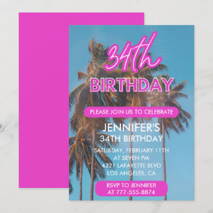 Sommer Palme Tropisch Rosa 34. Geburtstag Einladung