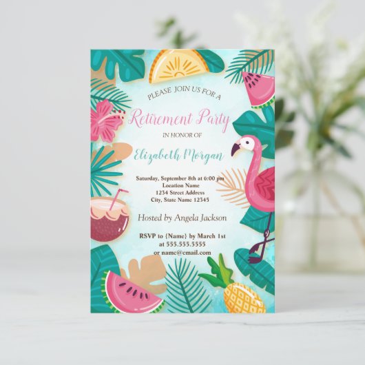 Sommer, PalmLeaf, Flamingo, Party für Obstruhestan Einladung (Stehend Vorderseite)