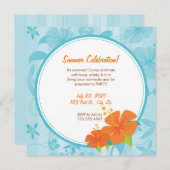 Sommer-Party laden ein: Blauer u. orange Hibiskus Einladung (Vorne/Hinten)