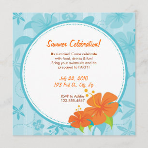 Sommer-Party laden ein: Blauer u. orange Hibiskus Einladung