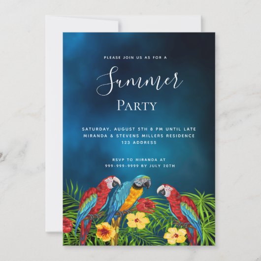 Sommer Party tropisch dunkelblauer Nachthimmel Pap Einladung (Vorderseite)