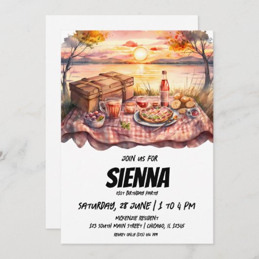 Sommer Picnic Sonnenuntergang Seeblick Einladung (Vorne/Hinten)