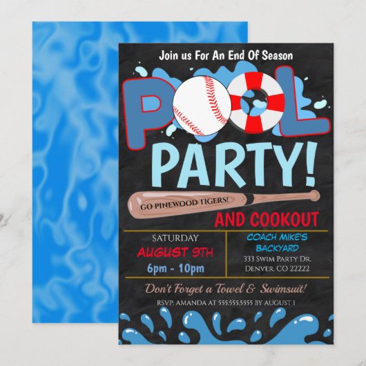 Sommer-Pool-Baseball-Party-Einladung Einladung (Vorne/Hinten)